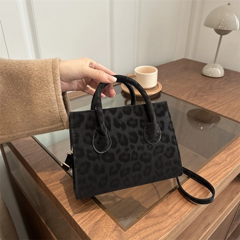 Women Leopard Print Crossbody Bag PU Suede Handbag Small Square Tote Adjustable Strap Urban Chic Animal Pattern