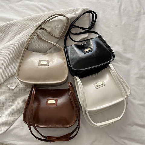 Damen Retro PU Leder Schultertasche Metallplakette Kleine Quadratische Umhängetasche Mode Street Style Alltag Solid Color Handtasche
