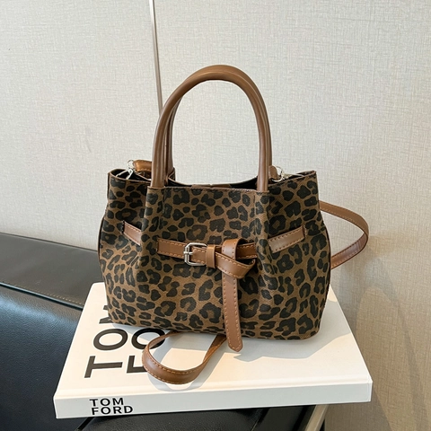Damen Vintage Leopardenmuster Beuteltasche Leinwand PU Leder Schulter Umhängetasche Mode Pendler Handtasche Kleine Tragetasche
