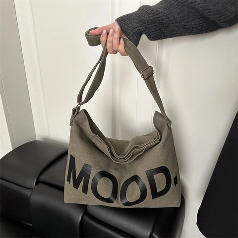 Borsa A Tracolla In Tela Grande Capacità Stampa Lettere MOOD Tracolla Regolabile Borsa Tote Casual Vintage Per Donne