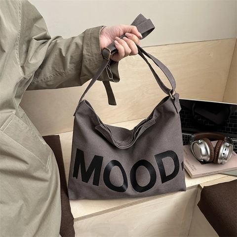 Borsa A Tracolla In Tela Grande Capacità Stampa Lettere MOOD Tracolla Regolabile Borsa Tote Casual Vintage Per Donne