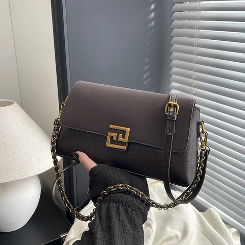 Damen Umhängetasche PU Leder Patchwork Faltenstruktur Goldene Geometrische Schnalle Kettengurt Retro Minimalistisch Quadratisch