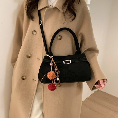 Women's Retro Frosted PU Leather Tote Bag Fashion Large Capacity Commuter Shoulder Bag With Stylish Plush Ball Pendant Handbag