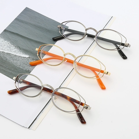 Oval Glasses Frame Double Ring Metal Anti Blue Light Retro Future Tech Fashion Optical Eyewear For Men Women