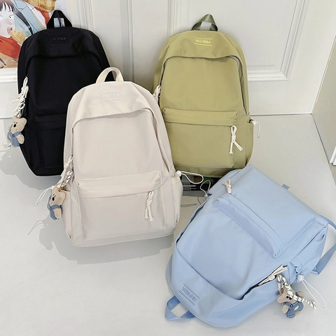 Backpack Nylon Waterproof Large Capacity Japanese Sweet Solid Color School Students Fashion Casual With Bear Pendant