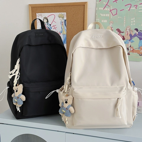 Backpack Nylon Waterproof Large Capacity Japanese Sweet Solid Color School Students Fashion Casual With Bear Pendant