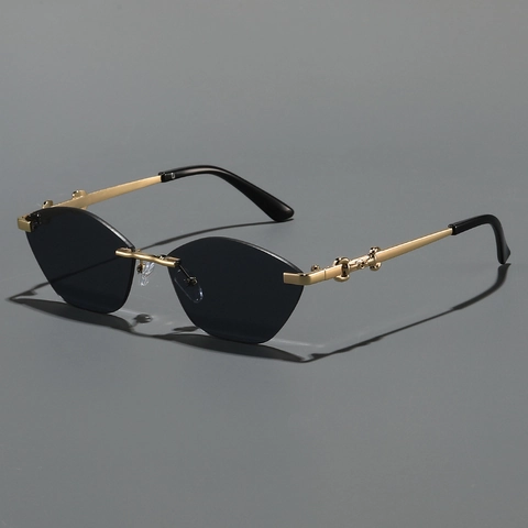 Rimless Cat Eye Sunglasses Women Men Fashion Geometric PC Lens UV400 Metal Frame Decorative Bit Detail Trendy Ins