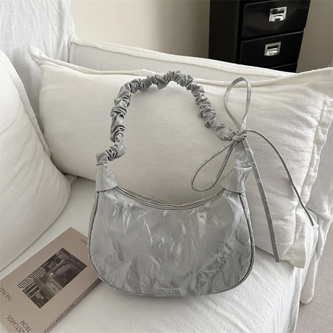 Elegant Pleated PU Leather Shoulder Bag For Women Solid Color Moon Hobo Underarm Bag With Ribbon Bow Knot Detail Fashion