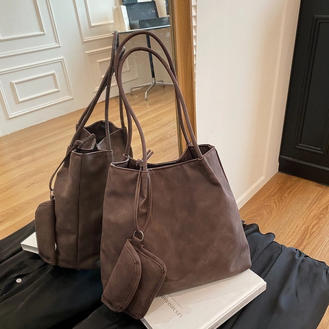 Women Large Capacity Tote Bag With Detachable Pouch Soft PU Leather Solid Color Casual Shoulder Bag Urban Work