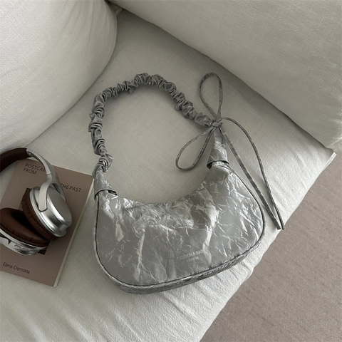 Borsa Hobo Da Donna Moda Crinkle Metallico Con Tracolla Arricciata E Fiocco Laterale Stile Coreano Borsa Sottoascella