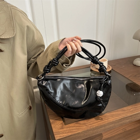 Women Half Moon Crossbody Bag Glossy PU Leather Knotted Strap Crescent Underarm Bag Decorative Bead Minimalist Fashion