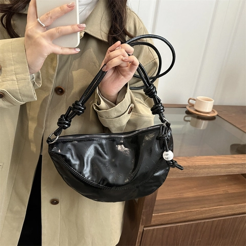 Women Half Moon Crossbody Bag Glossy PU Leather Knotted Strap Crescent Underarm Bag Decorative Bead Minimalist Fashion