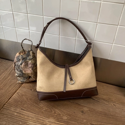 Retro Suede PU Leer Color Block Hobo Okseltas Contraststiksel Metalen Ring Decor Dames Veelzijdige Schoudertas