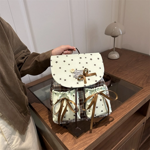 Mintgrüner Rucksack Canvas Sternendruck Karomuster Patchwork Schleife Süße Schultasche Für Mädchen Frauen