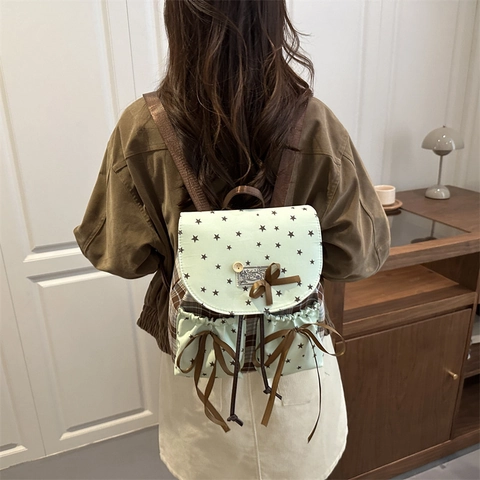 Mintgrüner Rucksack Canvas Sternendruck Karomuster Patchwork Schleife Süße Schultasche Für Mädchen Frauen