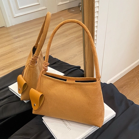 Suede Texture Shoulder Bag For Women Large Capacity Underarm Bag With Small Pendant Bag Vintage Minimalist Handbag