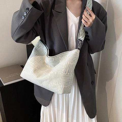 Women Casual Canvas Tote Bag Large Capacity Vintage Geometric Jacquard Crossbody Shoulder Bag with Wide Strap for School