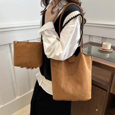 Bolso Tote de Antelina Para Mujer Y Estuche Con Cremallera Gran Capacidad Minimalismo Color Sólido Bolso de Hombro Mate