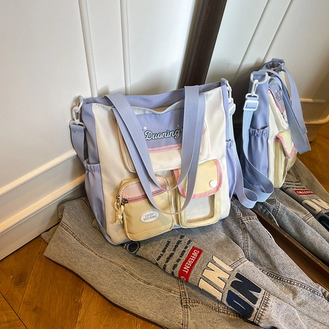 Borsa A Tracolla In Nylon Con Tasche Multiple Contrasto Colori Macaron Grande Capacità Borsa A Spalla Per Studentesse