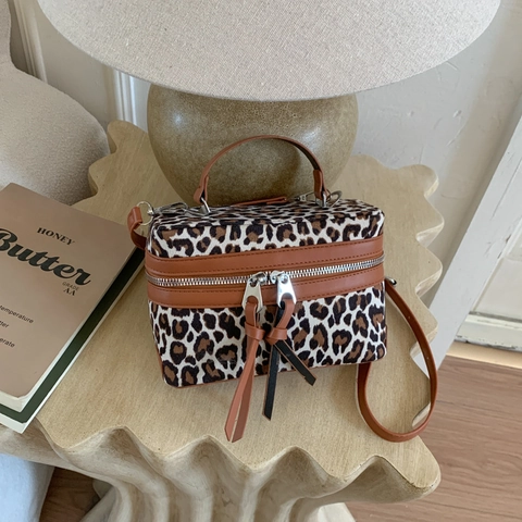Borsa A Tracolla Leopardata Da Donna Peluche Pelle PU Borsa A Mano Scatola Tracolla Regolabile Stile Vintage