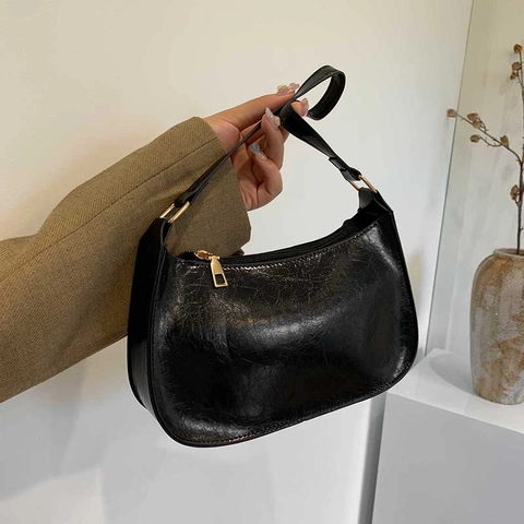 Bolso De Axila Retro De Cuero PU Brillante Bolso Hobo De Hombro Minimalista De Color Sólido Para Mujeres Moda Diaria
