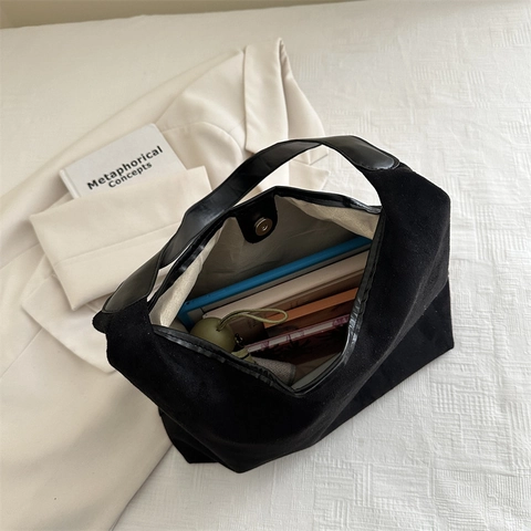 Women Large Capacity Hobo Shoulder Bag Minimalist Suede Texture Tote Handbag Casual Commuter Vintage Style Solid Color