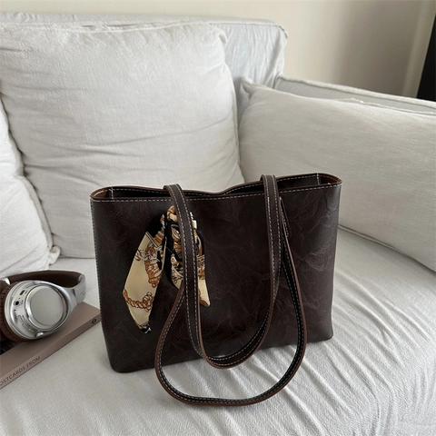 Sac Fourre-tout en Cuir PU Grande Capacité Pour Femmes Avec Foulard en Satin Imprimé Décoratif Surpiqûres Sac À Main De Bureau