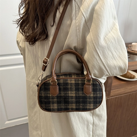Borsa Mini Boston In Lana A Quadri Retrò Da Donna Borsa A Mano Stile Britannico Con Tracolla Rimovibile