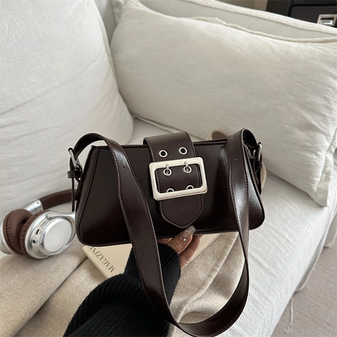 Borsa Baguette Vintage Da Donna In Pelle PU Con Grande Fibbia Argentata Borsa A Spalla Retrò Minimalista Casual