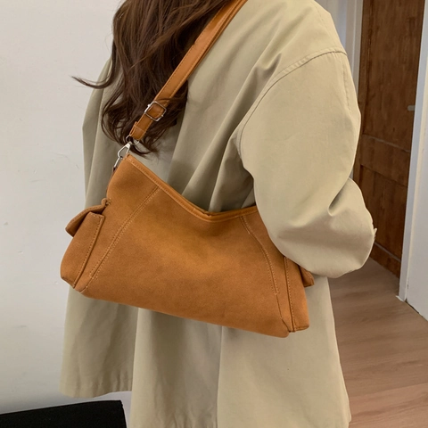 Borsa A Spalla Donna Texture Scamosciata Minimalista Retro Borsa Da Sottoascellare Con Tracolla Regolabile E Tasche
