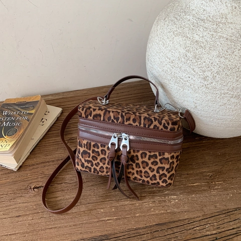 Mini Box Tasche Mit Leopardenmuster Kunstfell PU-Leder Doppelreißverschluss Lange Quasten Umhängetasche Für Damen