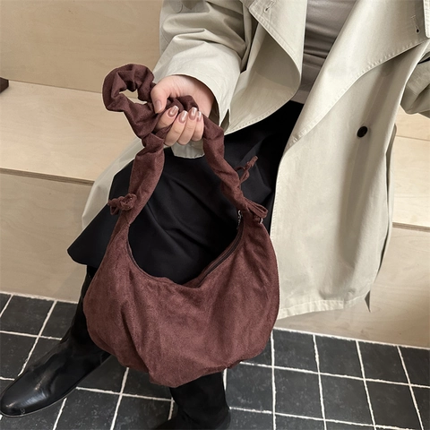 Women Large Capacity Pleated Dumpling Hobo Bag Soft Suede Texture Ruched Shoulder Strap Vintage Crossbody Handbag