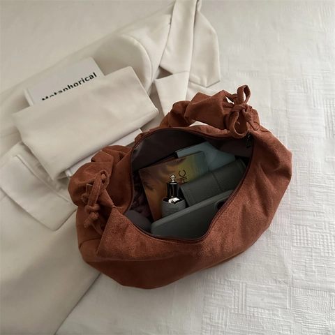 Women Large Capacity Pleated Dumpling Hobo Bag Soft Suede Texture Ruched Shoulder Strap Vintage Crossbody Handbag