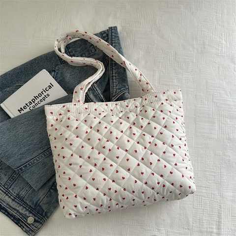 Women Quilted Tote Bag Heart Pattern Japanese Style Sweet Large Capacity Fabric Shoulder Handbag For Ladies