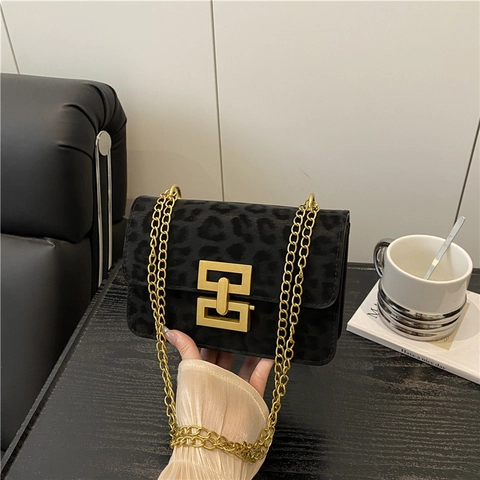 Borsa a Spalla da Donna con Stampa Leopardata in PU Catena Dorata Serratura a Quadrato Borsa a Tracolla Urban Chic