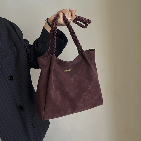 Retro Matte PU Leren Draagtas Grote Capaciteit Geweven Handvat Schoudertas Minimalistische Handtas Voor Dames Woonwerkverkeer