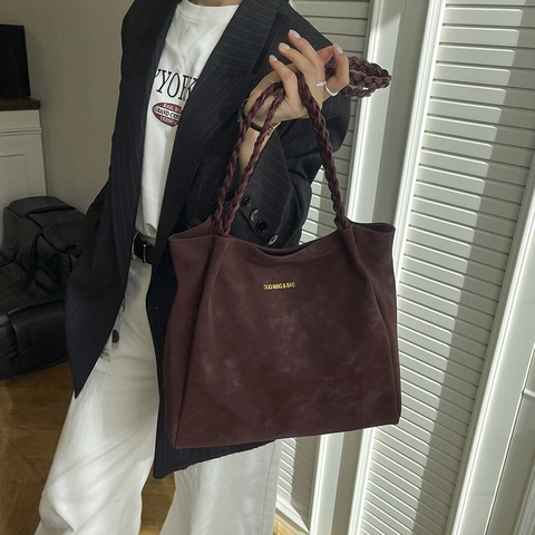 Retro Matte PU Leren Draagtas Grote Capaciteit Geweven Handvat Schoudertas Minimalistische Handtas Voor Dames Woonwerkverkeer