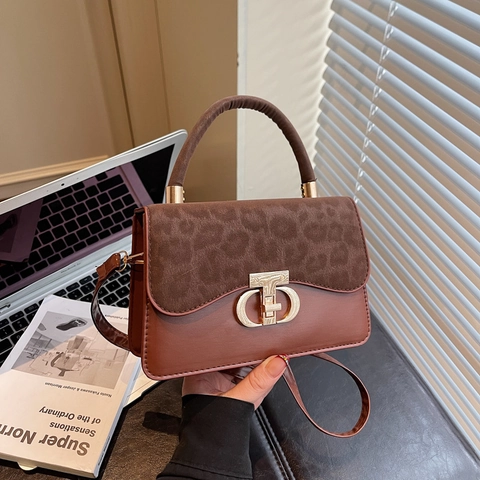 Dames Handtas Met Luipaardprint Patchwork Kleine Vierkante Tas PU Leer Retro Schoudertas Met Metalen Gesp