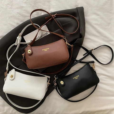 Damen Retro Lychee Narbung PU Leder Umhängetasche Mode Goldene Hardware Briefdruck Unterarm Schultertasche Täglich