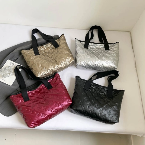 Women Large Capacity Metallic Quilted Tote Bag Butterfly Embossed Down Padded Shoulder Bag Fashion Versatile Winter Handbag Shopping Travel Bag