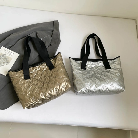 Große Tote Bag Metallic Gestepptes Gepolstertes Nylon Mit Schleifenprägung Lässige Minimale Reißverschluss Handtasche Damen