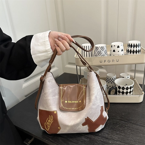 Borsa Tote Vintage Da Donna Tela Pelle PU Patchwork Grande Capacità Retro Motivo Cane Borsa A Tracolla Casual Semplice