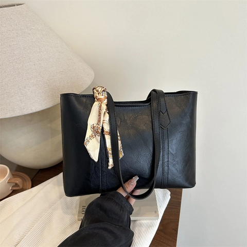 Damen Retro PU Leder Shopper Tasche Große Kapazität Reißverschluss Pendler Schultertasche Mit Schal Elegante Handtasche