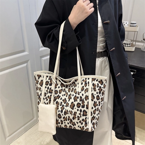 Luipaardprint Tote Tas Grote Capaciteit Suede Look Schoudertas Retro Handtas Met Bijpassend Tasje Voor Dames