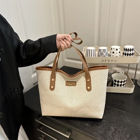Borsa Tote Semplice In Tela Con Finiture In Pelle PU Grande Capacità Borsa A Tracolla Da Donna Pendolare Quotidiana Retro