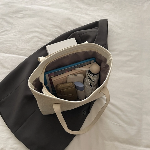Borsa Tote Semplice In Tela Con Finiture In Pelle PU Grande Capacità Borsa A Tracolla Da Donna Pendolare Quotidiana Retro
