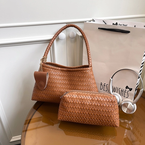 Women Luxury Woven PU Leather Shoulder Bag Set Urban Simple Baguette Armpit Handbag Commuter Mother Child Bag 2PCS Set
