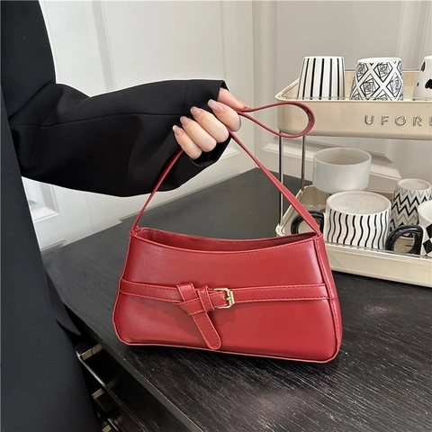 Bolso De Axila Minimalista Para Mujer Cuero PU Color Sólido Retro Francés Bolso De Hombro Con Decoración De Hebilla Dorada Elegante
