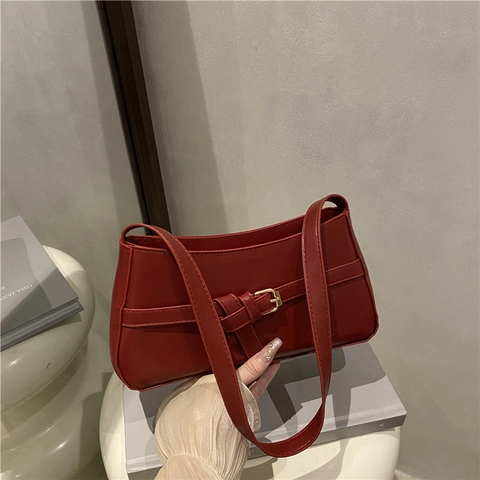 Bolso De Axila Minimalista Para Mujer Cuero PU Color Sólido Retro Francés Bolso De Hombro Con Decoración De Hebilla Dorada Elegante