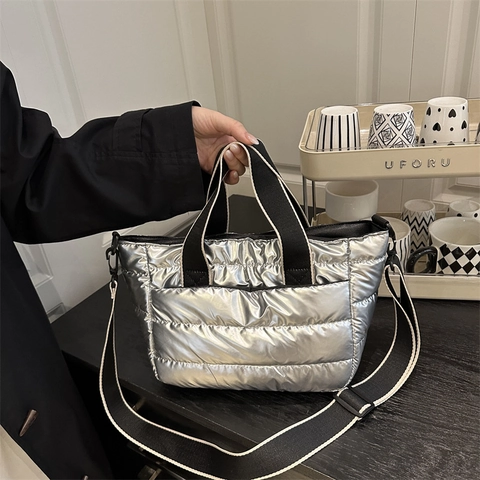 Metallic Gesteppte Puffer Tote Tasche Glänzendes PU Leder Umhängetasche Mit Abnehmbarem Schultergurt Für Damen
